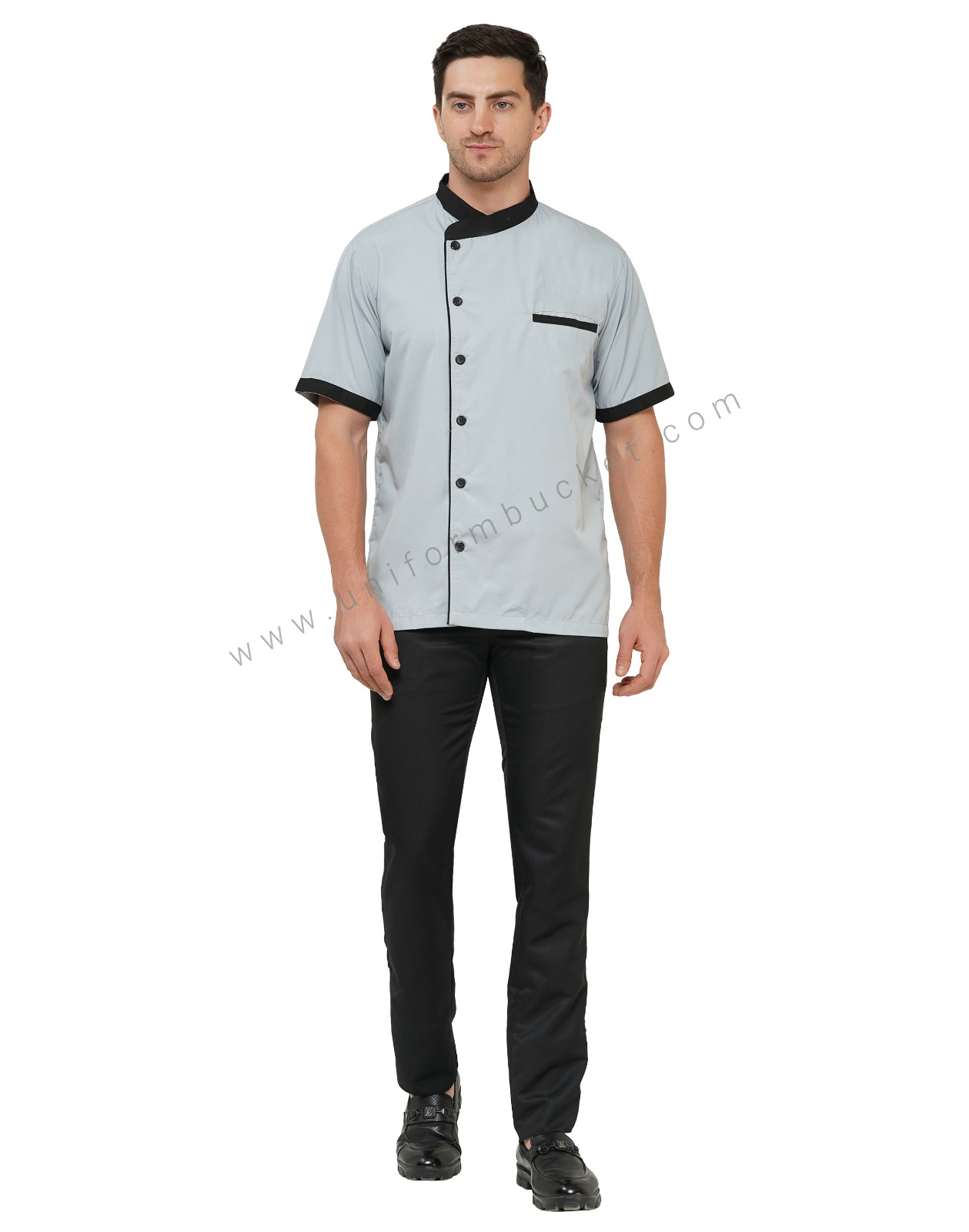 LIGHT GREY MALE SHIRT WITH BLACK COLLAR & FRONT SIDE PIPING view 3